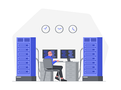 Computer Server client clock computer data design devices illustration internet maintenance man man working programs resources server service system time vector wires work