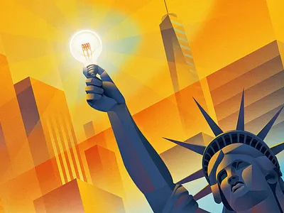 Long Live the International Entrepreneur Rule art deco blue empire entrepreneur government illustration illustrator immigration innovation light bulb new york orange photoshop progressive public policy statute of liberty world trade center