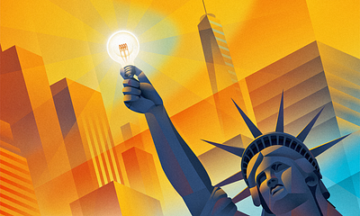 Long Live the International Entrepreneur Rule art deco blue empire entrepreneur government illustration illustrator immigration innovation light bulb new york orange photoshop progressive public policy statute of liberty world trade center