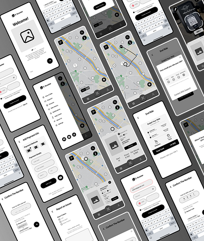 Wireframes for E-scooter app app design booking e scooter electric high fidelity low fidelity minimal navigation rent ride scooters travel ui uiux ux wireframes