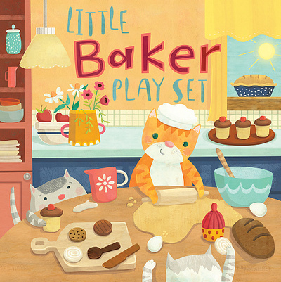 Little Baker toy packaging for Lovely Mo Wooden Toys anthropomorphic cats childrens book illustration childrens books childrens illustration cute foodillustration illustration kidlitart kids books whimsical