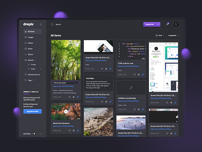 Droplr Dashboard asset management bend components dark mode dashboard design oregon purple quick links saas shortlink sidepanel titles tool ui ux