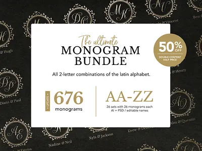 Monogram Bundle (676 monograms) black bride bundle calligraphy collection crest floral frames golden foil groom hotfoil initials logo template royal set typography wedding wedding design wedding invitation wedding monogram