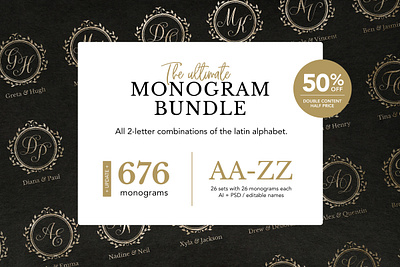 Monogram Bundle (676 monograms) black bride bundle calligraphy collection crest floral frames golden foil groom hotfoil initials logo template royal set typography wedding wedding design wedding invitation wedding monogram