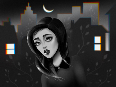 Sleepless Night 2d 2d illustration apple pencil black and white black and white portrait character design city dark girl portrait night night city procreate procreate illustration