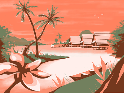 Huts coconut flower huts illustration island jungle landscape nature palm plants river tropical water weekly warm up