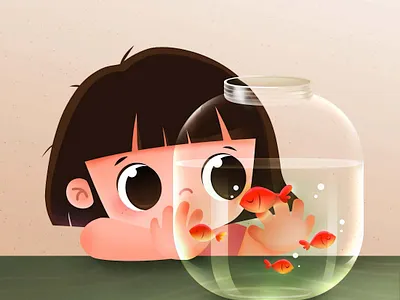 Girl with fishes character cute digital art drawing fish fishbowl girl illustration vector
