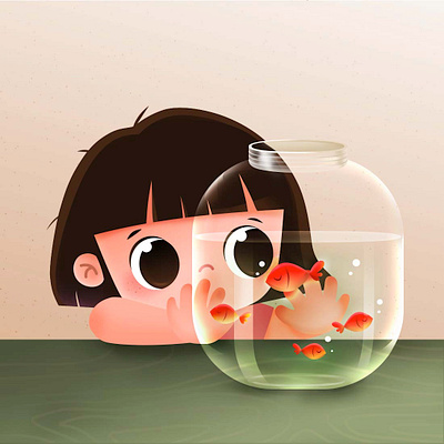 Girl with fishes character cute digital art drawing fish fishbowl girl illustration vector