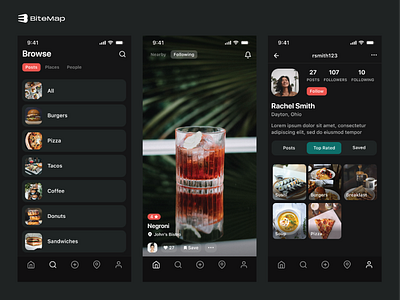 BiteMap Mobile UI darkmode food mobile ui