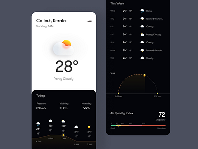 Weather app dark UI akhil sunny dark mobile dark mode dark ui design icons ill illustration minimal mobile app mobile ui pixalchemy ui ux weather app