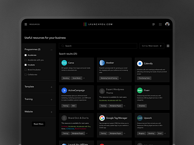 LaunchYou. Boost your business with high-effective resources app cards catalog coaching design elearning filters list mentoring responsive tags ui ux web