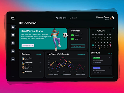 Sport Time Dashboard 3d activities animation bright calendar colorful dark theme dashboard dashboard animation dashboard layout effects neon sport sport calendar sports ui ux