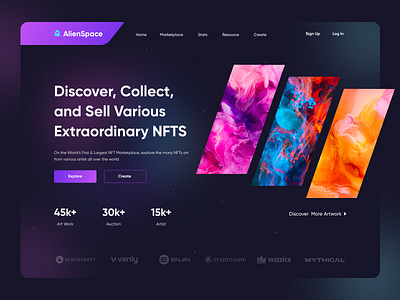 AlienSpace - NFT Marketplace Website art artwork blockchain dark dark theme design exploration gradient header landing page landingpage marketplace nft non fungiabletoken ui uidesign user interface vibrant