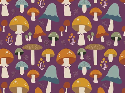 Mushroom Meadow fabric illustration mushroom pattern plant purple repeating seamless surface textile