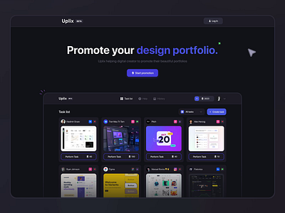 Uplix - Design portfolio promotion balance behance comments dark ui design dribbble figma interface landing landing page likes order portfolio product hunt promotion statistic task ui ux views