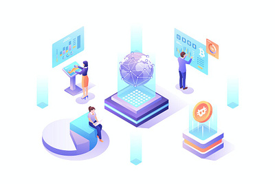 Cryptocurrency Isometric Vector Illustration 3d animation 3d art 3d illustration analysis app bitcoin coin crypto cryptocurrency data digital figma flat graphic illustration isometric management page people sketch