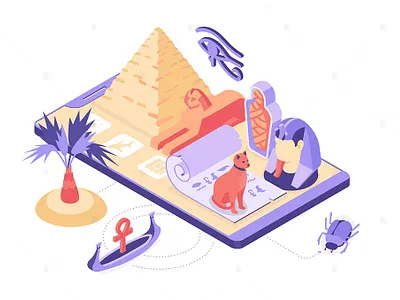 Vacation in Egypt - Isometric Illustration abstract ancient app background design egypt egyptian illustration landmark mobile mummy papyrus pyramid scarab sightseeing smartphone sphinx tour traveling ui