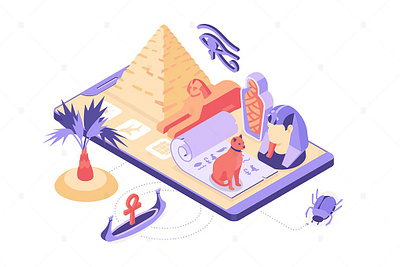 Vacation in Egypt - Isometric Illustration abstract ancient app background design egypt egyptian illustration landmark mobile mummy papyrus pyramid scarab sightseeing smartphone sphinx tour traveling ui