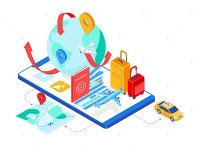 Travel around the World - Isometric Illustration 3d abstract airplane app background baggage design globe illustration journey mobile passport planet recreation summer taxi ticket tour traveling world