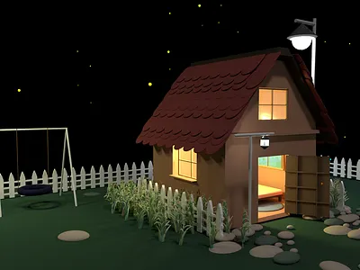 3D Cute House Modeling - Night View animation autodesk maya cute house cute house modeling light house night view