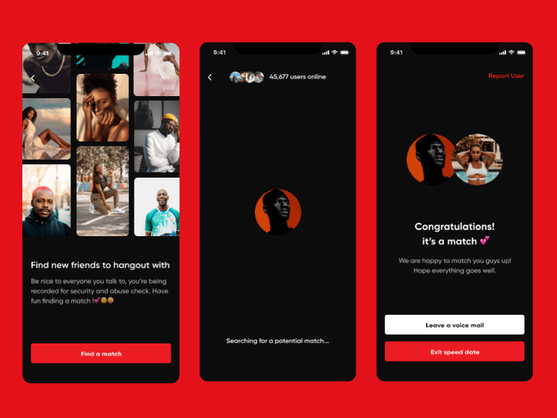 Voice Speed Date - Mobile App Interaction animation button chat dark mode date dating app explore match social voice voice call