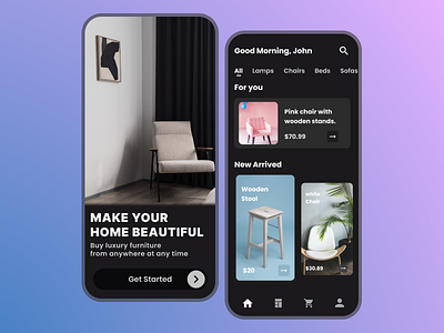 Online Furniture Purchasing App UI design. android app app design chairs dark theme design dribbble furniture illustration instagram ios mobile ui ui design uiux user interface user interface design ux ux design uxui