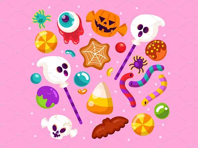 Halloween Candy Collection bat candy chocolate cookies corn cute freelance ghost gummy halloween illustration loillipops pumpkin skull spider treats tricks vector web worms