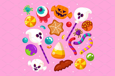 Halloween Candy Collection bat candy chocolate cookies corn cute freelance ghost gummy halloween illustration loillipops pumpkin skull spider treats tricks vector web worms