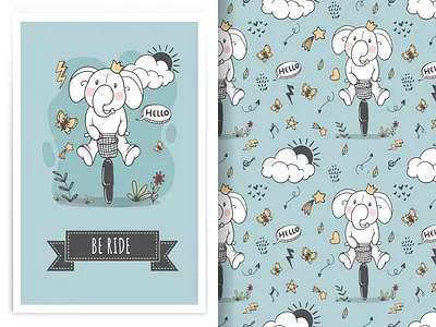 elephant riding bicycle illustration doodle seamless pattern babysitting babysitting services design illustration