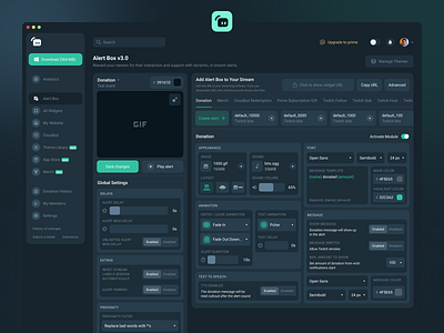 Streamlabs Alert Box v3.0 - Dashboard Redesign alert box application clean ui creative crm dark theme dashboard data design green inspiration saas settings streaming streamlabs twitch ui ux web web app