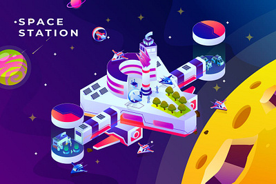 Space Station - Isometric Vector Illustration 3d analysis app blue business colors creative data design development flat graphic icons illustration isometric modern phone ui vector web