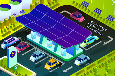 Electric Vehicle Charging - Isometric Illustration 3d analysis app blue business colors data design development flat graphic icon icons illustration illustrations isometric phone studio ui web