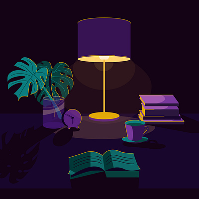 Evening vector illustration with bright lighting adobe illustrator book education evening illustration lamp leaves reading table tropic vector work