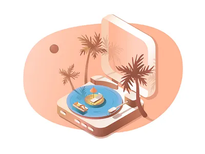 Isometric music player and summer holiday atmosphere adobe illustrator chill holiday illustration island isometric music palm palms player relax summer tropic vector water