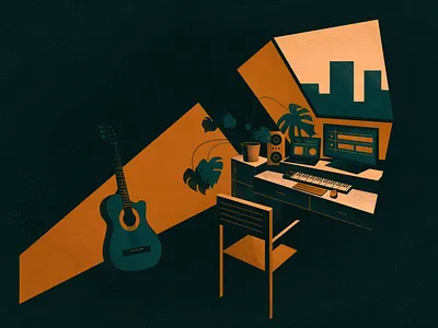 Home music studio. Flat vector illustration. adobe illustrator computer flat grain guitar home illustration keyboard leaves midi minimal music room studio texture tropic vector