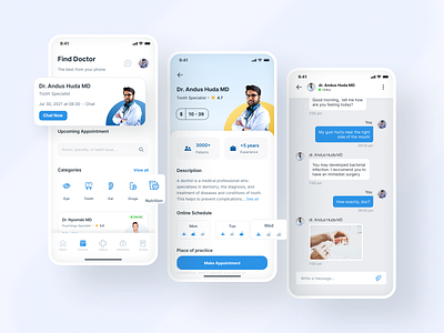 Medical Consultation App - Chat appointment blue chat consultation detail doctor find health hospital medical medicine mobile apps online overlap patient price schedule specialist ui design ux design