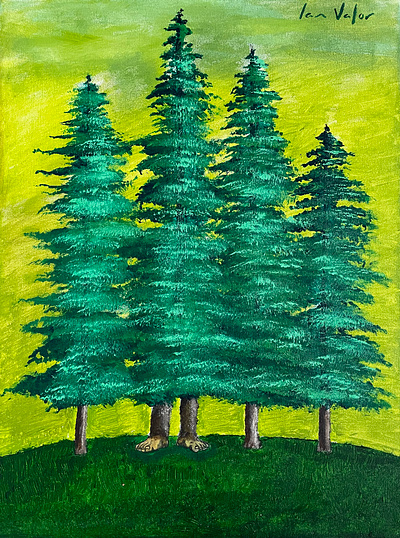 There He Ain't acrylic big foot big foot leg limbs forest green hiding painting pine trees pines trees