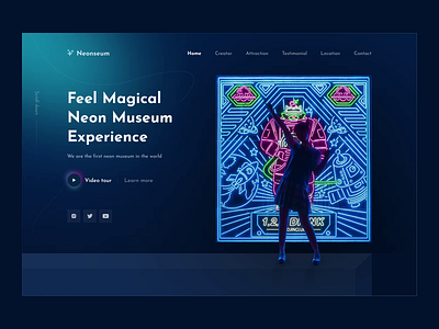 Neon museum 🌟 animation dark dark mode futuristic glow glow in the dark hero section home homepage interaction landing page landingpage modern museum neon ui uiux ux web website