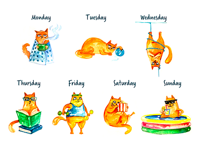 7 cats a week art cat character design drawing funny graphic design hand drawn illustration watercolour