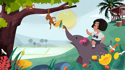 Asian Classic story angkritth animal character countryyard elephant forest illustration kid medow student thailand tree wild