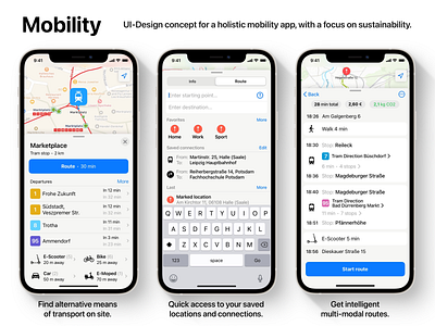 Holistic Mobility App app concept app design apple design co2 emissions ios app ios concept iphone app means of transport mobility new mobility public transport railroad route planning ui concept ui design