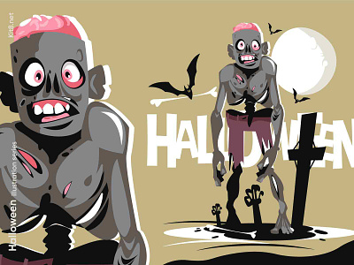 Walking zombie character illustration brain character dead flat halloween illustration kit8 man night scary skeleton smile vector walking zombie