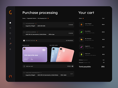 Purchase processing | Payment black cards cart color credit card dark dark theme dashboard design product design system pay card payment purchase saas shopping ui design uiux ux design uxui