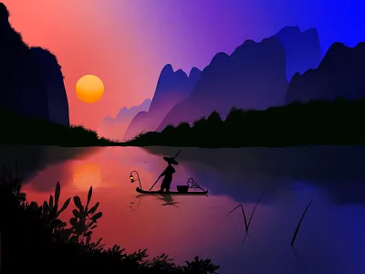 Sail 2d illustration apple pencil boat chill china design art environment fisherman fishing flat illustration lake landscape mountains nature procreate raft river summer sunset