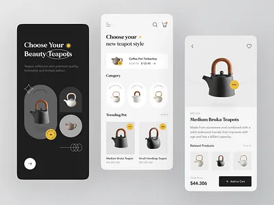 Teapoty - Mobile Apps Exploration ✨ black card classic clean ecommerce furniture furniture app furniture design furniture store grey minimalist mobile app mobile design property shop splashscreen store teapot ui ux