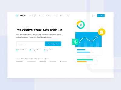 AdsMaster Web Exploration design header landing page minimalism simple ui user interface website