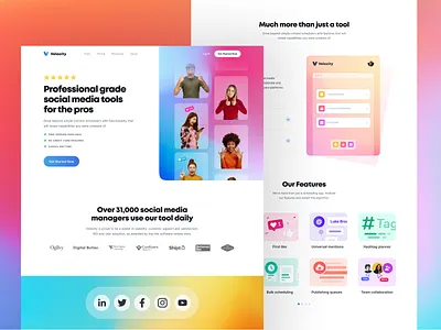 Social Media Management Landing Page branding gradients header icons interactive landing page management social media ui web design