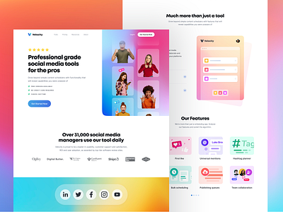 Social Media Management Landing Page branding gradients header icons interactive landing page management social media ui web design