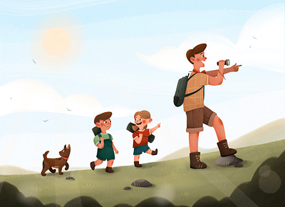 family walk boy character children children book illustration cute digital art drawing family father girl illustration illustrator kids nature personage procreate summer texture vector walk