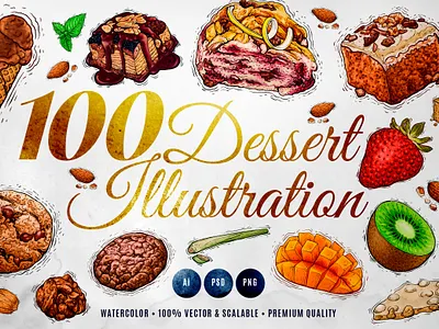 100 Dessert Watercolour Illustration cake chocolate cookie delicious dessert drink food fruit ice cream illustration menu pastry sweet tasty watercolor